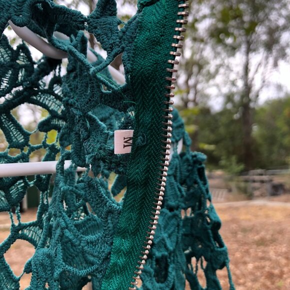 Green Lace Floor Length Dress with high collar and a teal satin sash, Size M - Picture 10 of 11